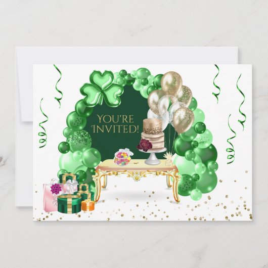 Invitation Irish Birday Balloon Arch Green and Gold Party (Devant)