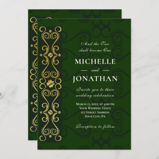 Invitation Irish Elegant Gold Artwork sur Green Christian (Devant / Derrière)