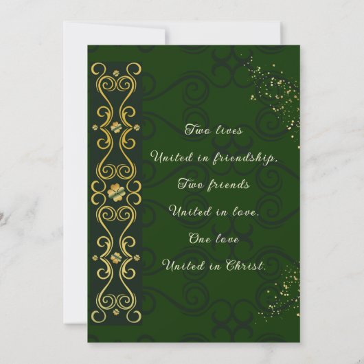 Invitation Irish Elegant Green Gold Design Mariage chrétien (Dos)