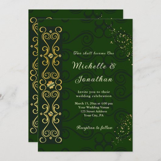 Invitation Irish Elegant Green Gold Design Mariage chrétien (Devant / Derrière)
