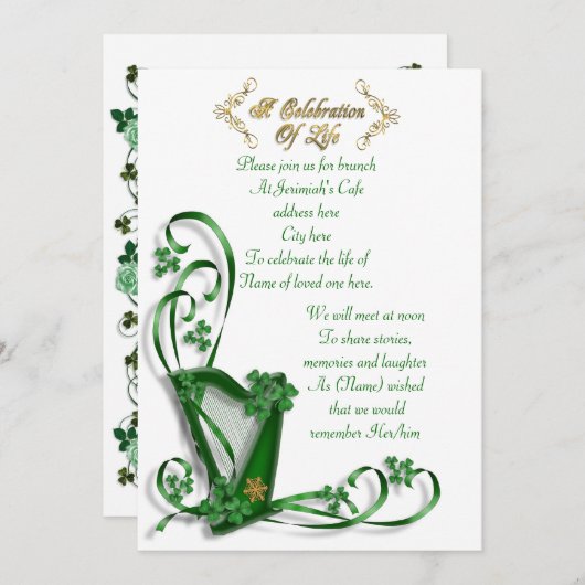 Invitation Irish Harp "Celebration of Life" (Devant / Derrière)