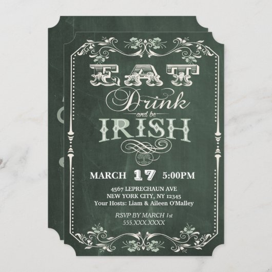 Invitation Irish Party mangez boire et être irlandais Chalkbo (Devant / Derrière)