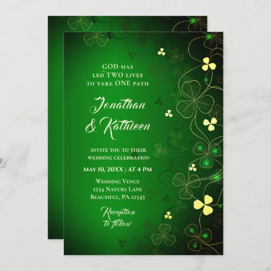 Invitation Irlandais Golden Leaf Clover Design Mariage Bénédi (Devant / Derrière)
