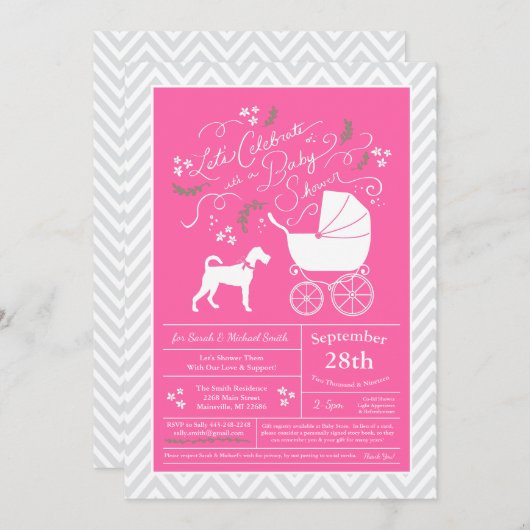 Invitation Irlandais Terrier Chien Baby shower fille rose (Devant / Derrière)