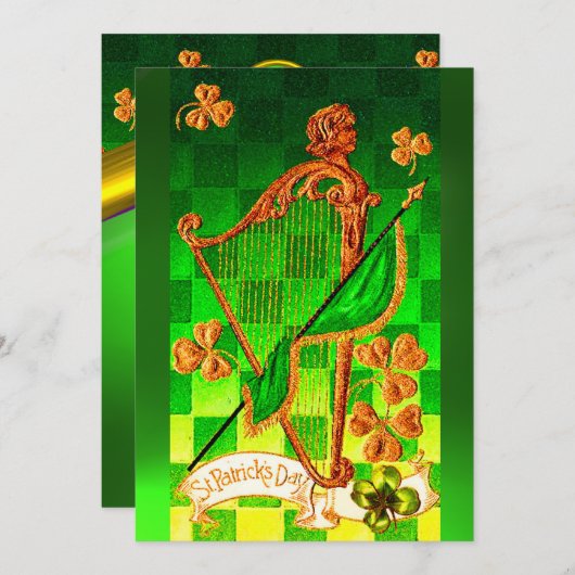 Invitation IRLANDE HARP, OR VERT SHAMROCK St Patrick's Day (Devant / Derrière)