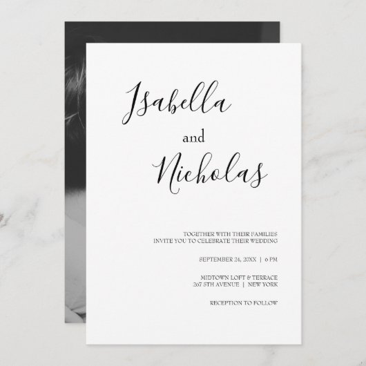 Invitation Isabella Simple moderne blanc noir Mariage photo (Devant / Derrière)