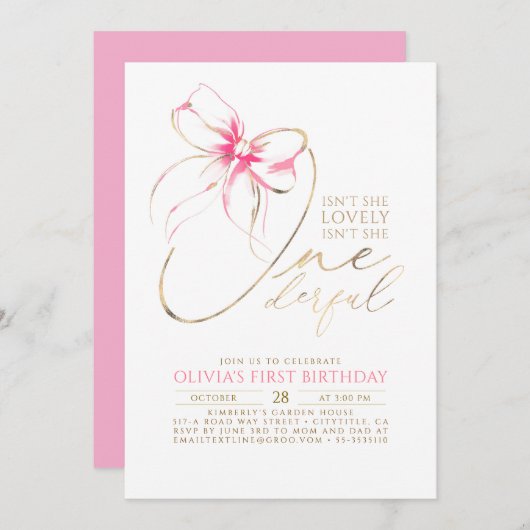 Invitation Isn't She Onederful Pink Bow Elegant 1st Birthday (Devant / Derrière)