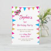 Invitation Ist Anniversaire Joli Enfants Rose Giraffe Drapeau (Debout devant)