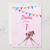 Invitation Ist Anniversaire Joli Enfants Rose Giraffe Drapeau (Dos)