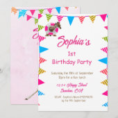 Invitation Ist Anniversaire Joli Enfants Rose Giraffe Drapeau (Devant / Derrière)