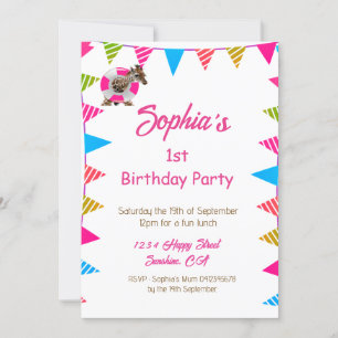 Invitation Ist Anniversaire Joli Enfants Rose Giraffe Drapeau