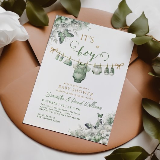 Invitation It’s a Boy Sage Green Floral Baby Shower