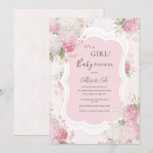 Invitation It’s a Girl Pink Hydrangea Floral Elegant Baby (Devant / Derrière)