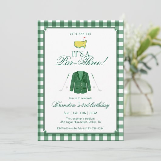 Invitation It’s A Par-Three Golf 3rd Birthday Green Gingham (Debout devant)