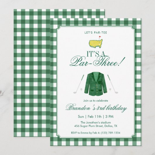 Invitation It’s A Par-Three Golf 3rd Birthday Green Gingham (Devant / Derrière)