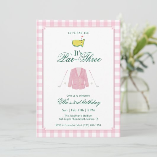 Invitation It’s A Par-Three Golf 3rd Birthday Pink Gingham (Debout devant)