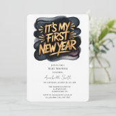 Invitation It’s My First New Year in Black & Gold Baby Shower (Debout devant)