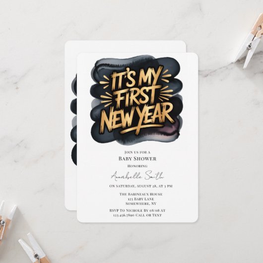 Invitation It’s My First New Year in Black & Gold Baby Shower (Devant/Arrière en situation)