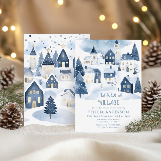 Invitation It takes a village Winter Navy Baby Boy Shower
