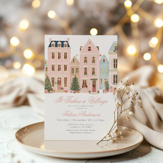 Invitation It takes a village Winter Pink Baby Gir Shower