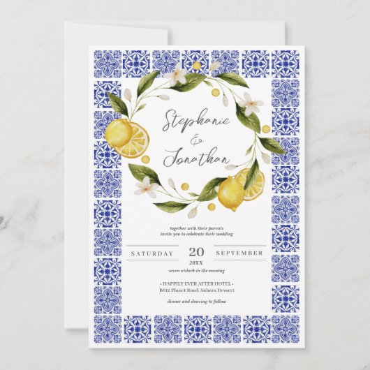 Invitation Italia Blue Watercolor Citron Calligraphie Mariage (Devant)