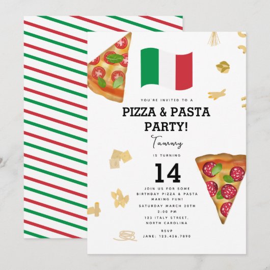 Invitation Italian Food Pizza & Pasta Making Birthday Party (Devant / Derrière)