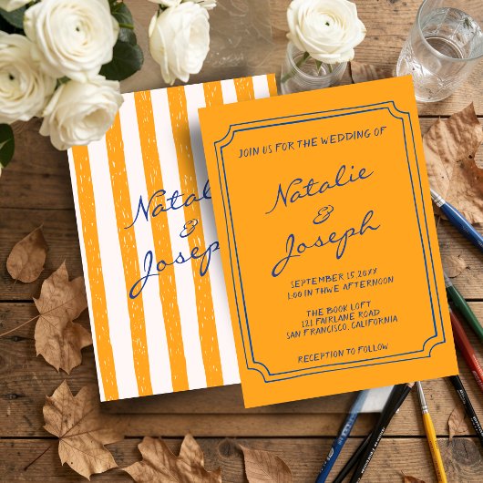 Invitation Italian Hand Written Painted Pinstripes Wedding