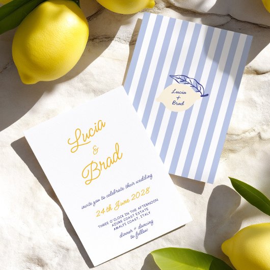 Invitation Italian Hand Written Yellow & Blue Stripes Wedding