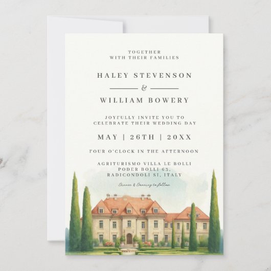 Invitation Italie Villa Aquarelle Toscane Destination Mariage (Devant)