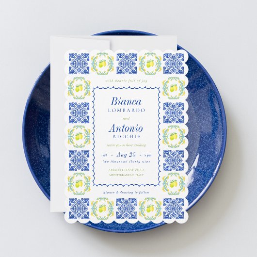Invitation Italien Amalfi Coast Lemon Tile Wavy Frame Mariage