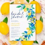 Invitation Italien citron bleu floral script nuptiale<br><div class="desc">Elégante douche de mariée à script décontracté avec une typographie de calligraphie moderne et de citrons de style italien,  verdure et bleu fleurie d'aquarelle.</div>