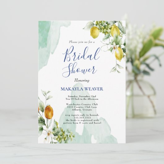 Invitation Italien citron bleu floral script nuptiale (Debout devant)