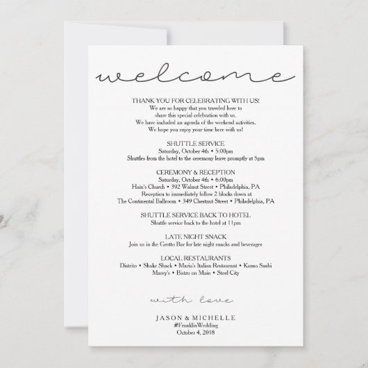Invitation Itinéraire de mariage doux script - Bienvenue de m (Devant)