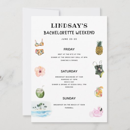 Invitation Itinéraire de plage Bikini Bachelorette (Devant)