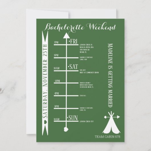 Invitation Itinéraire de week-end de célibataire au camp des  (Devant)