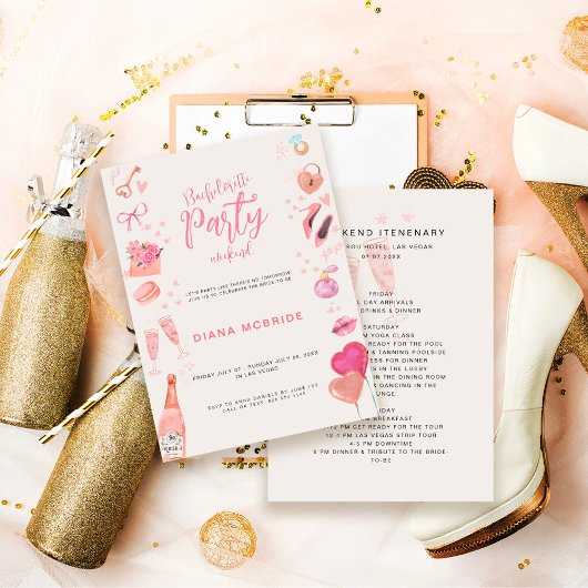 Invitation Itinéraire de week-end de fête de bachelorette ros
