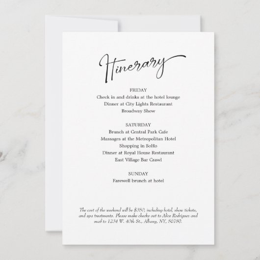 Invitation Itinéraire du week-end d'anniversaire (Dos)