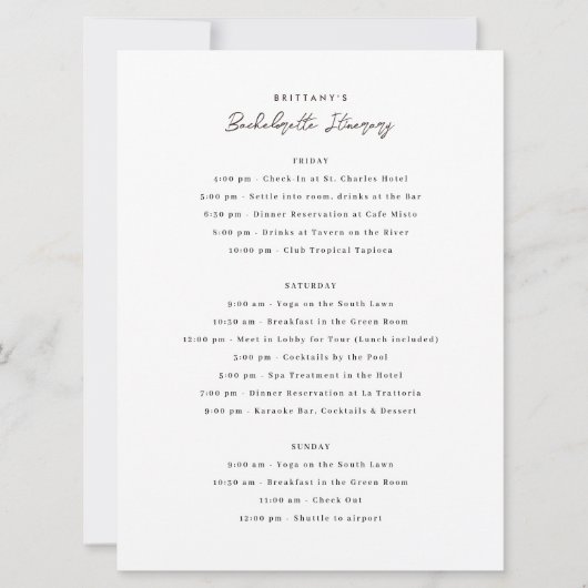 Invitation Itinéraire du week-end de bachelorette (Devant)