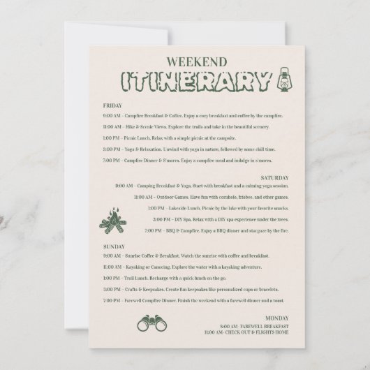 Invitation Itinéraire du week-end de bachelorette (Dos)