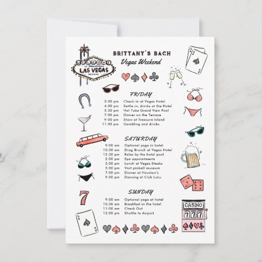 Invitation Itinéraire du week-end de bachelorette de Las Vega (Devant)