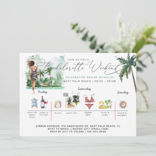 Invitation Itinéraire du week-end de bachelorette | Plage de  (Debout devant)