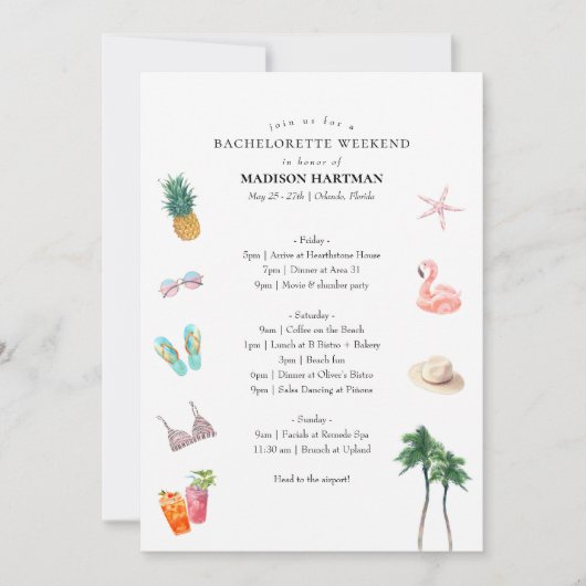 Invitation Itinéraire du week-end de bachelorette tropicale (Devant)