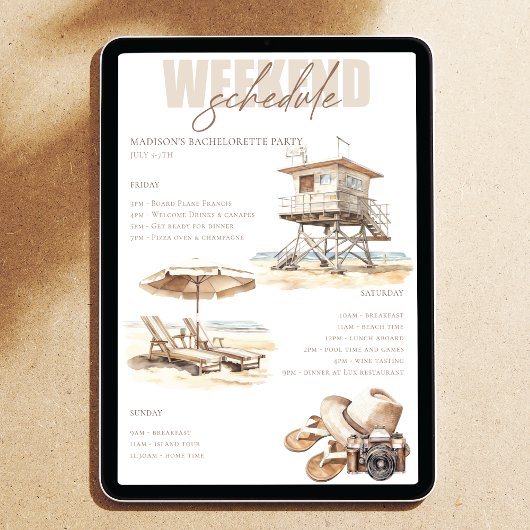 Invitation Itinéraire du week-end de Fête des mariées de plag