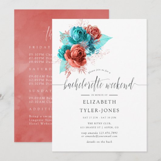 Invitation Itinéraire du week-end de la Bachelorette Turquois (Devant / Derrière)