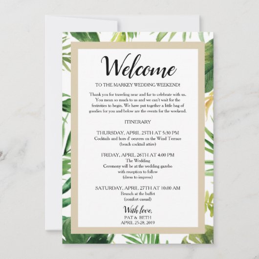 Invitation Itinéraire du week-end Mariage de palme tropicale (Devant)