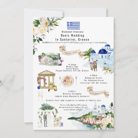 Invitation Itinéraire du week-end mariage | Santorin Grèce (Devant)