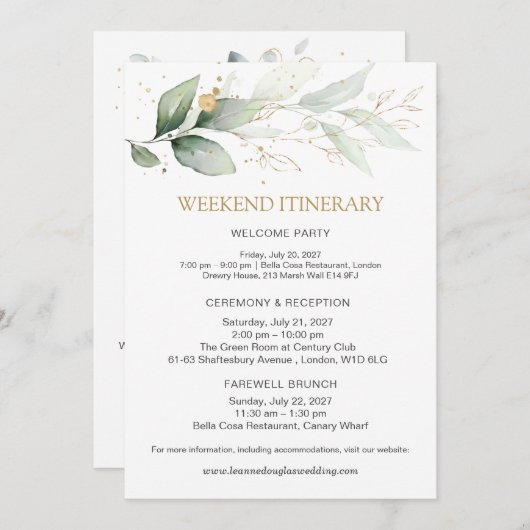 Invitation Itinéraire du week-end Mariage vert et or (Devant / Derrière)