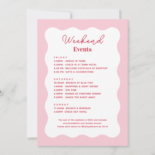 Invitation Itinéraire du week-end rose et rouge Wavy (Dos)