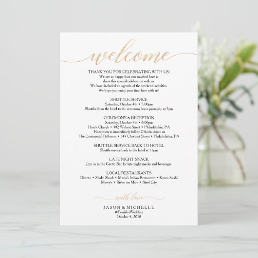 Invitation Itinéraire Mariage Gold Script - Bienvenue Mariage (Debout devant)