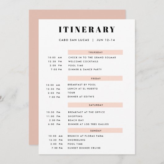 Invitation Itinéraire Simple Blush de 4 jours (Devant / Derrière)